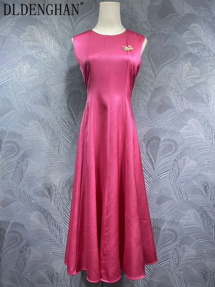 

DLDENGHAN Crystal Brooch Vest Dress For Women O-Neck Sleeveless Solid Color Office Lady Dresses Summer Fashion Female