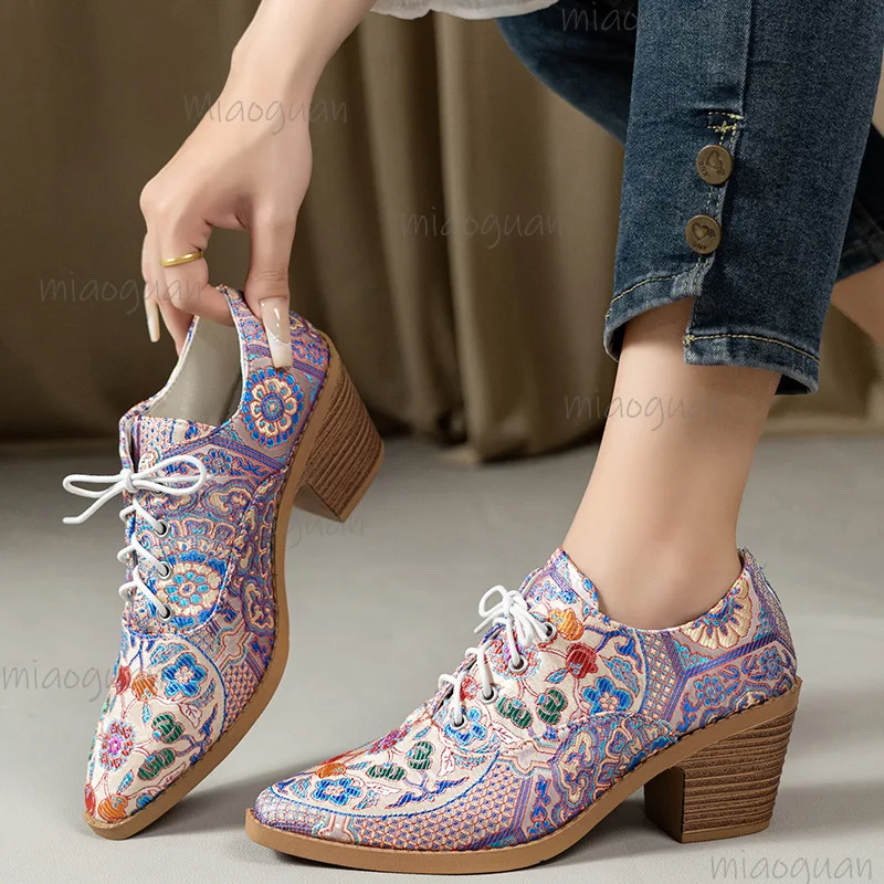 

2024, весенне-осенняя женская обувь на высоком каблуке с принтом, модные туфли-лодочки с круглой головкой на шнуровке, женские повседневные модельные туфли на толстом каблуке