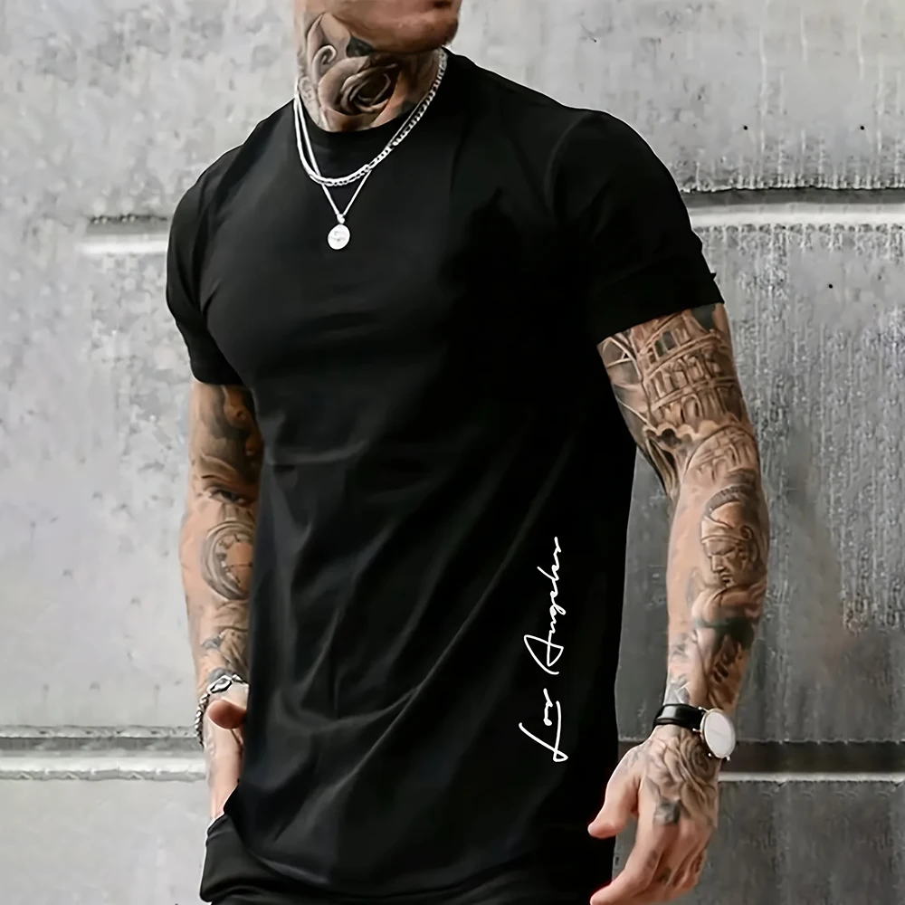 2024 Casual Men's Solid Color T-shirt Summer Male O Neck Breathable Short Sleeve Clothing Trend Los Angeles Letter Print T Shirt