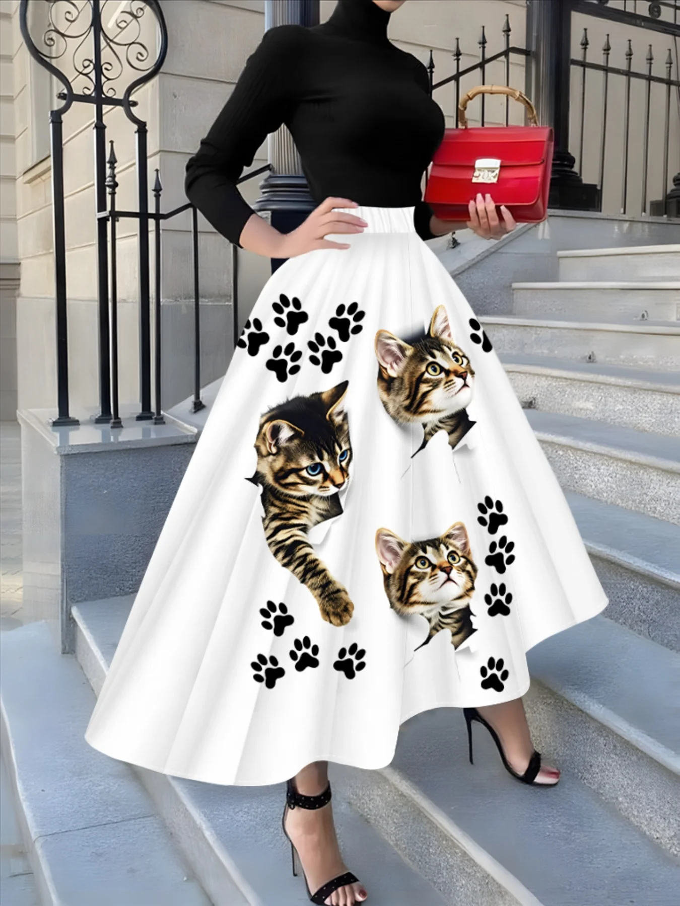 Women's Elegant A-Line Midi Skirt with Cat Paw Print Design White Background Trendy Casual Office Wear Spring Summer 2024