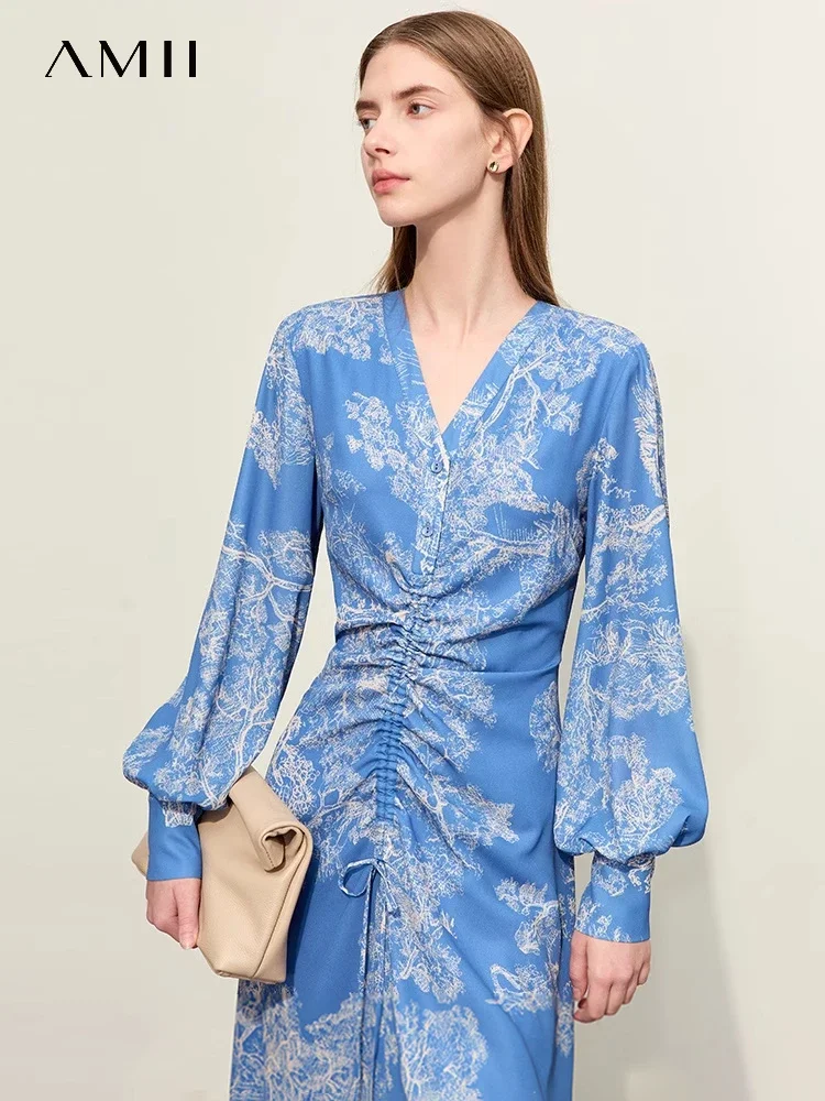 

Amii Minimalism 2024 Spring Women Chiffon Dress New V-neck Drawstring Chinese Style Print Lantern Sleeve Fairy Dresses 12441018
