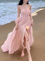 Summer Pink Elegant Pleated High Waist Split Long Dress Women Fashion Backless Halter Strapless Fairy Dress Female 2024 Vestido