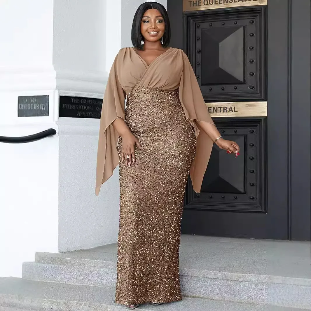 2024 neue Chiffon Pailletten Gespleißt Elegante Einfarbig Mittlere Taille Tiefem V Elegante Einfarbig Prom Kleider Lange Abendkleid