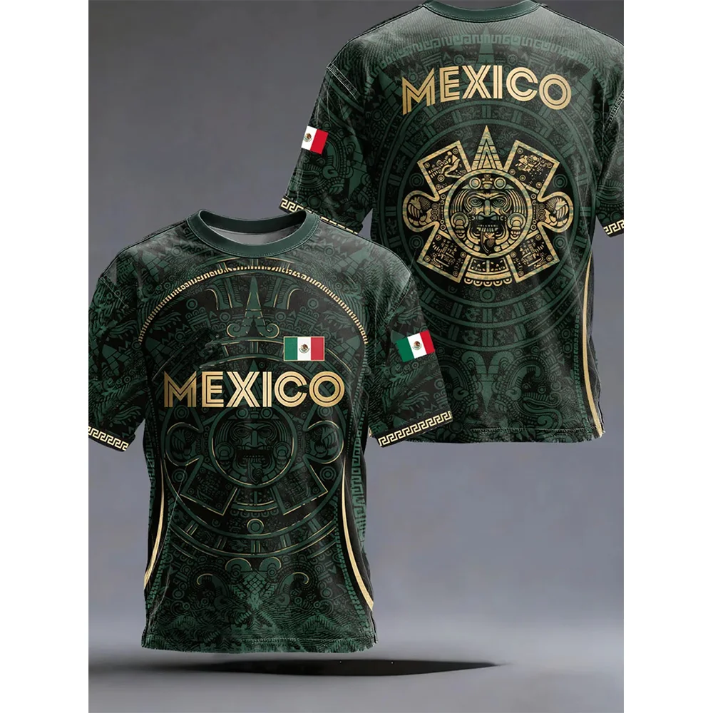 MEN'S LOOSE-FIT SHORT-SLEEVE T-SHIRT WITH AZTEC/MAYAN CALENDAR AND EAGLE PRINT – CASUAL STREETWEAR FOR SUMMER DAILY WEAR KIDS