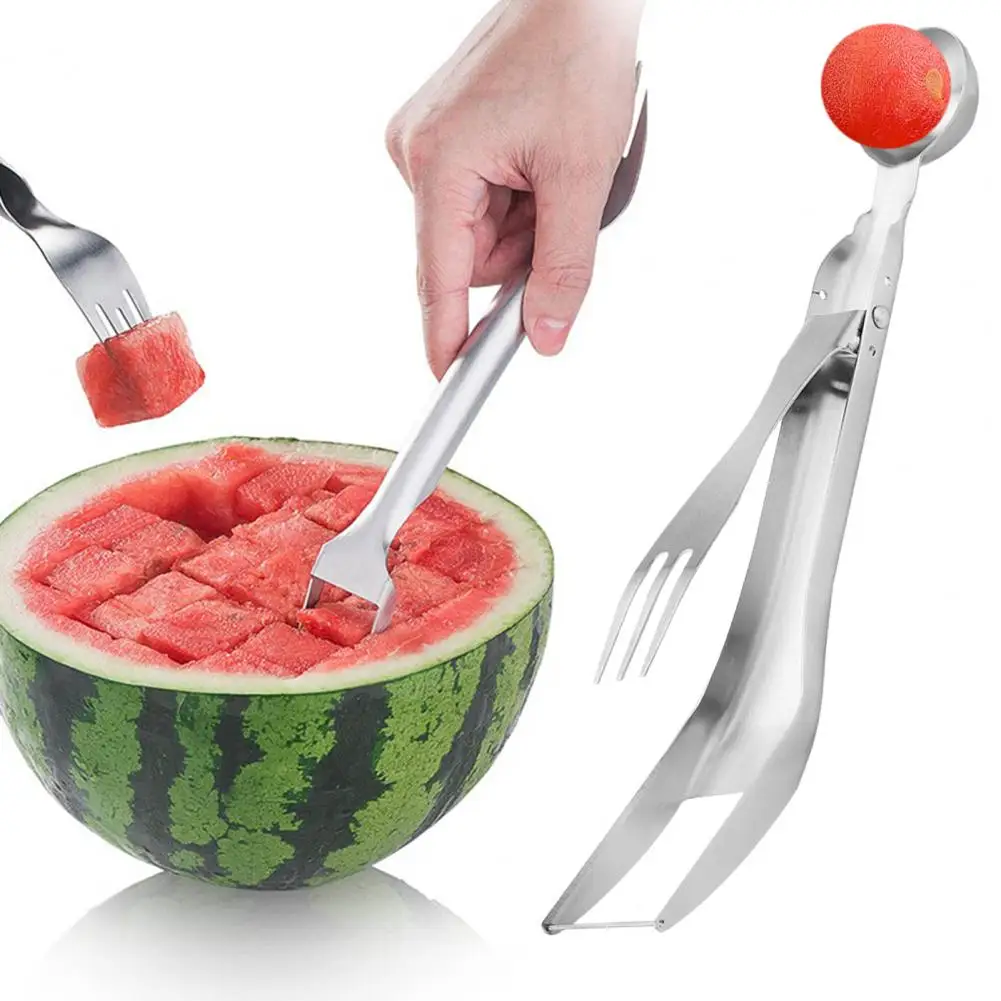 

Fruit Cutting Tool 3-in-1 Stainless Steel Watermelon Slicer Fork Multifunctional Fruit Cutter Cube Maker for Slicing