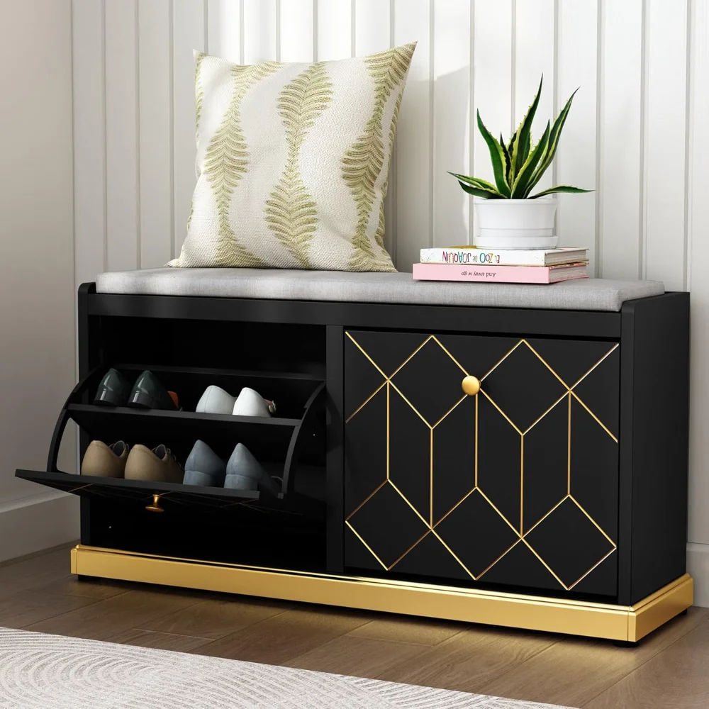 

Entryway bench with 2 flip drawers & padded cushion seat. Shoe storage bench for hallway, closet, living room