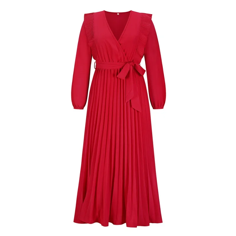 Women's Large Pleated Long Dress, Temperament VCollar, Autumn and Winter Clothing, New