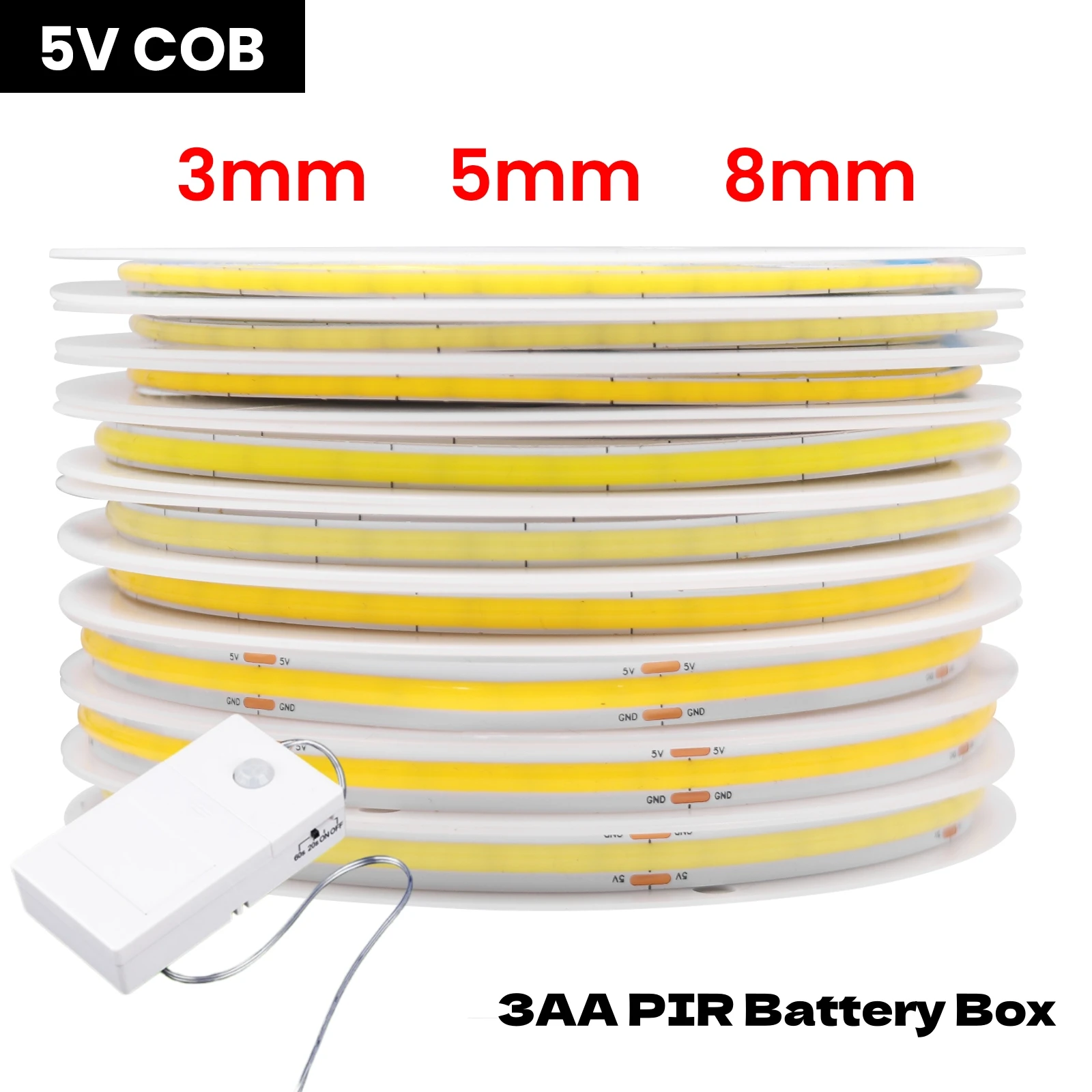 5V COB LED Strip Light with 3AA Battery Box 3MM 5MM 8MM High Density Flexible FOB 320LEDs/M RA90 Linear Rope Tape Diode Lamp