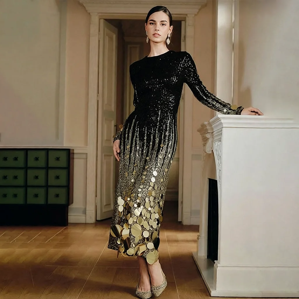 

Cross-Border Elegant Ball Gown Long Sleeve Bodycon Dress with Heavy Embellishment Sequins Women's Slim Fit Dress for Stage