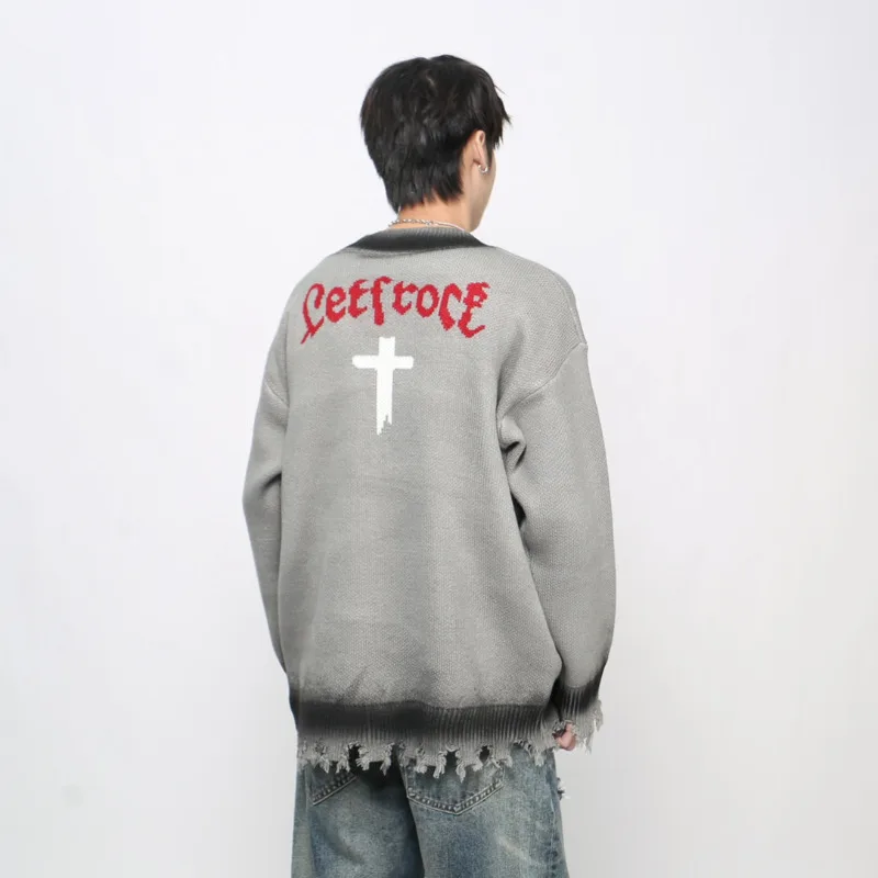 MWJLPWQ American High Street Design Sprühfarbe Herrenpullover Trendy Einreiher Casual Paar Lazy Style Strickoberteile 21116