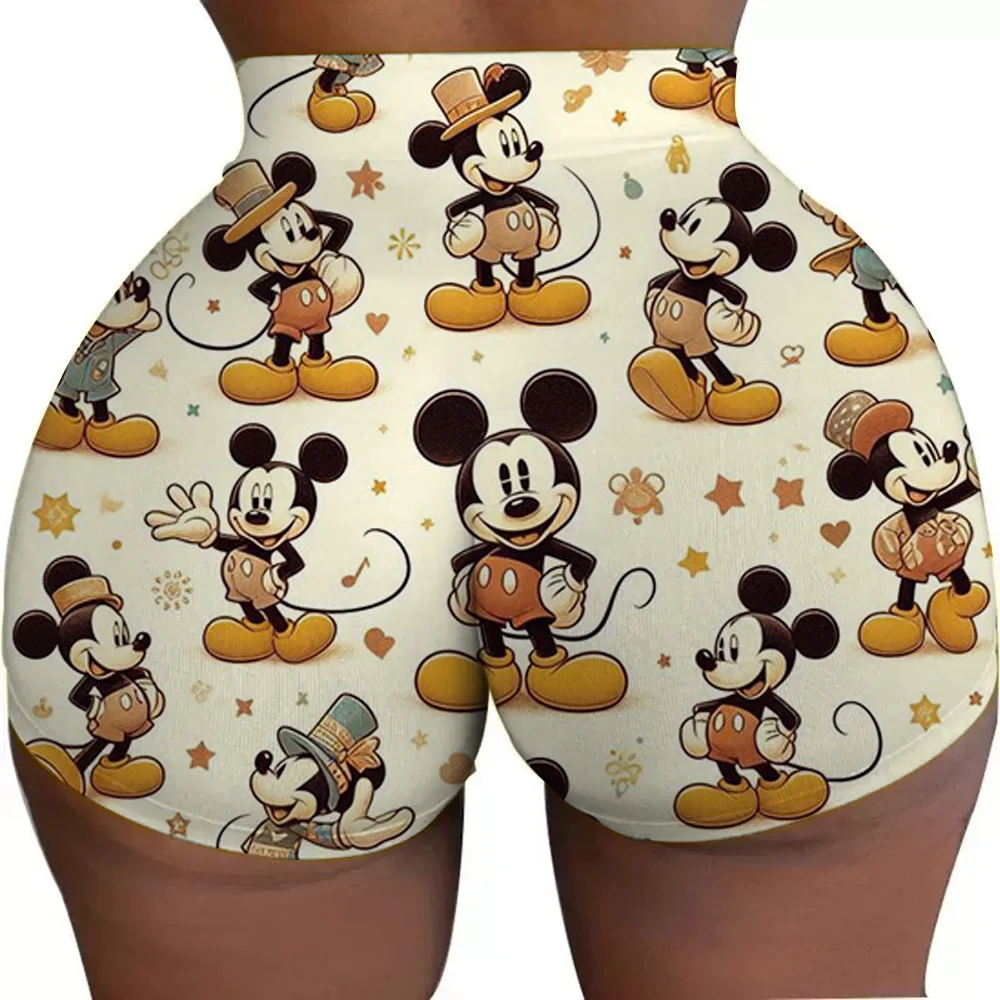 女性用 ジム ランニング バイカー ヨガ ショーツ ミッキー マウス ミニー ピンク パターン ハイウエスト ショーツ ジム バイカー ランニング パンツ タイツ