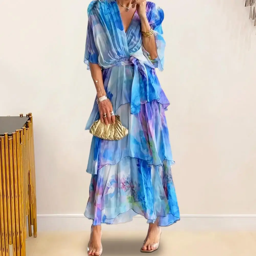 Women Loose Hem Maxi Dress Dreamy Colors Ruffle Lace-up Maxi Dress Multi-layered Pleated V Neck With Scattered Cake For Beach