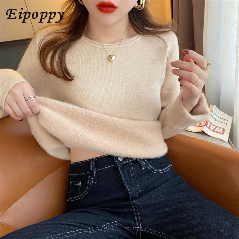 بلوفر نسائي مخملي برقبة مستديرة ، سترة سميكة ، قميص قاع ، أحادي اللون ، داخلي