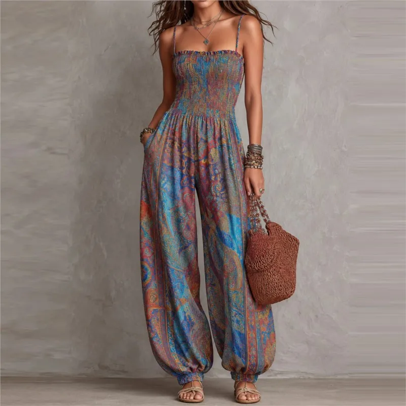 Sexy Sleeveless Backless Jumpsuit Women's 2026 Summer Boho Wide Leg Printed Loose Long Pants Jumpsuits Vacation Party Clothing