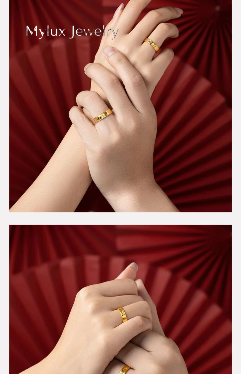 Mylux Jewelry Golden dragon and phoenix happy words 24K real gold couple ring 9999 classic elegant temperament new Chinese style