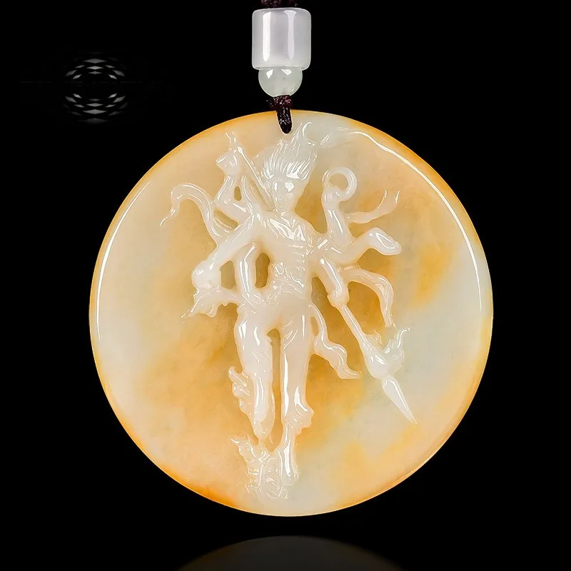 

TIMESWIND Natural A-type Jade Yellow Nezha Carved Round Pendant Men Necklace with Certificate