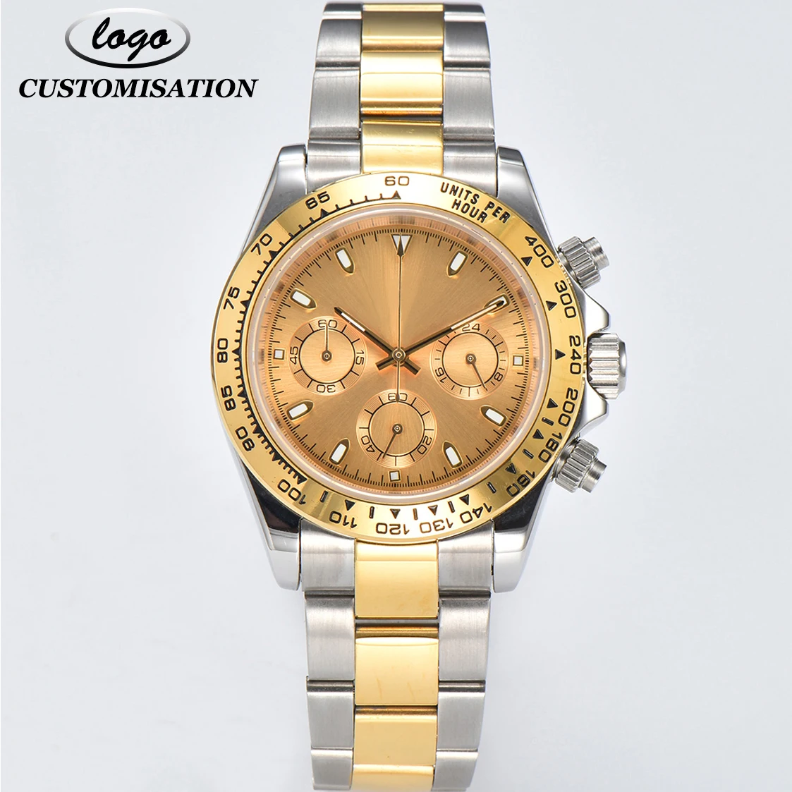 Customisable LOGO Gold Luxury Collection Watch VK63 Movement Sapphire Glass 316L Stainless Steel Strap Water Resistance