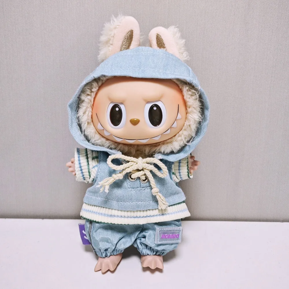 Für 17 cm Labubu Puppe Kleidung Outfit Denim Hoodie Hosen Schuhe Puppen Zubehör Sitzen Party Ändern Kleid Spiel Spielzeug