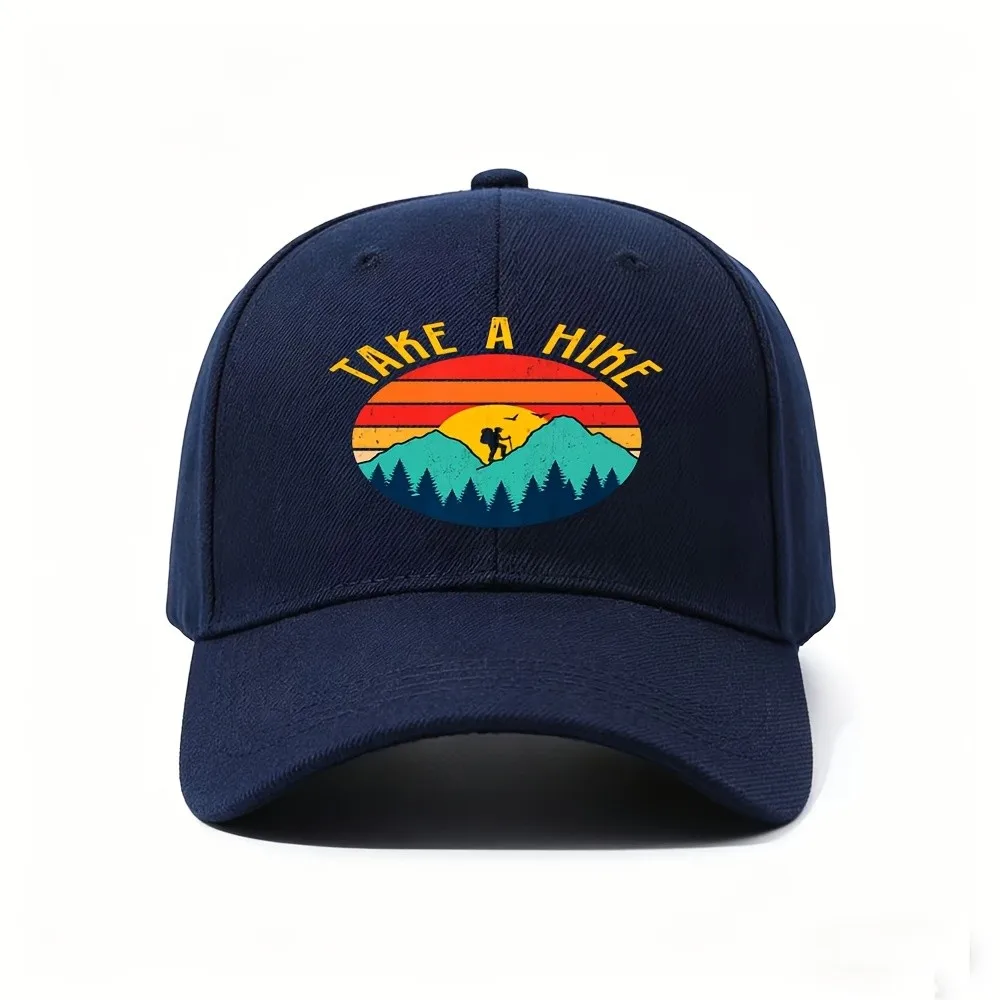 1pc Retro Hiker Baseball Cap - Adjustable Lightweight Outdoor Hat with Mountain Hiker Silhouette Print
