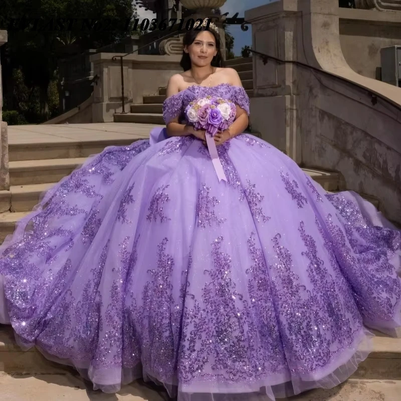 

EVLAST Customized Princess Lilac Quinceanera Dress Ball Gown Sequins Lace Applique Beads Bow Sweet 16 Vestidos De 15 Anos E2QA04