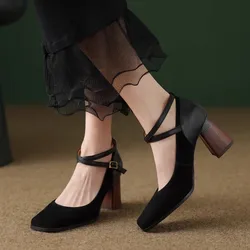 Women's Shoes Pumps Chunky High Heels Square Toe Elegant Woman Heeled Vintage Wedding Bride Party Formal Shoe Luxury Ankle Strap