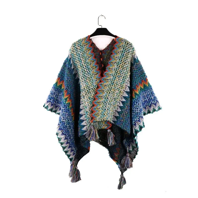 Women Knit Tassel Fringed Pullover Poncho Sweater Shawl Wrap Tassels Cloak Top Stripe Cape Cardigan Coat Stoles