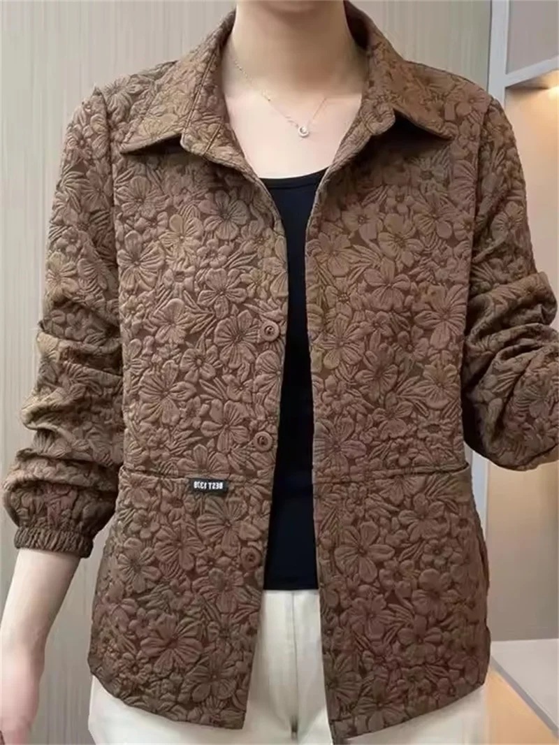 Fashion Casual Lapel Jacquard Women's Jacket 2025 New Spring Autumn Versatile Outerwear Mom Clothes Button up Pocket Basic Coat