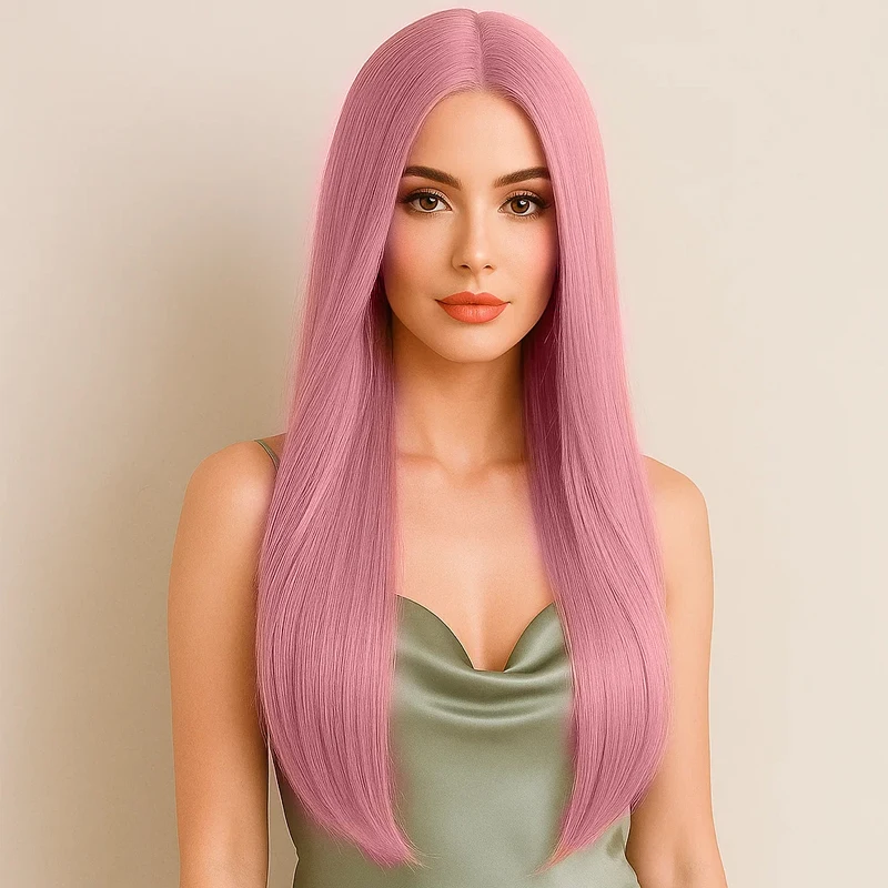 

Гладкий и мягкий розовый 28-дюймовый прямой синтетический парик, подходит для карнавальных ролевых игр, модный для женщин