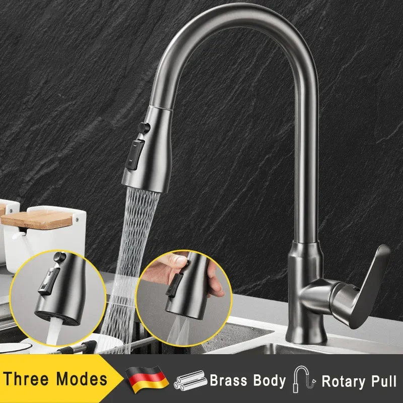 Pull Out Removable Kitchen Faucets Rotatable Spring Brass Faucet Spout Brass Mixer Hot Cold Water Taps Chrome Shaped for Sink