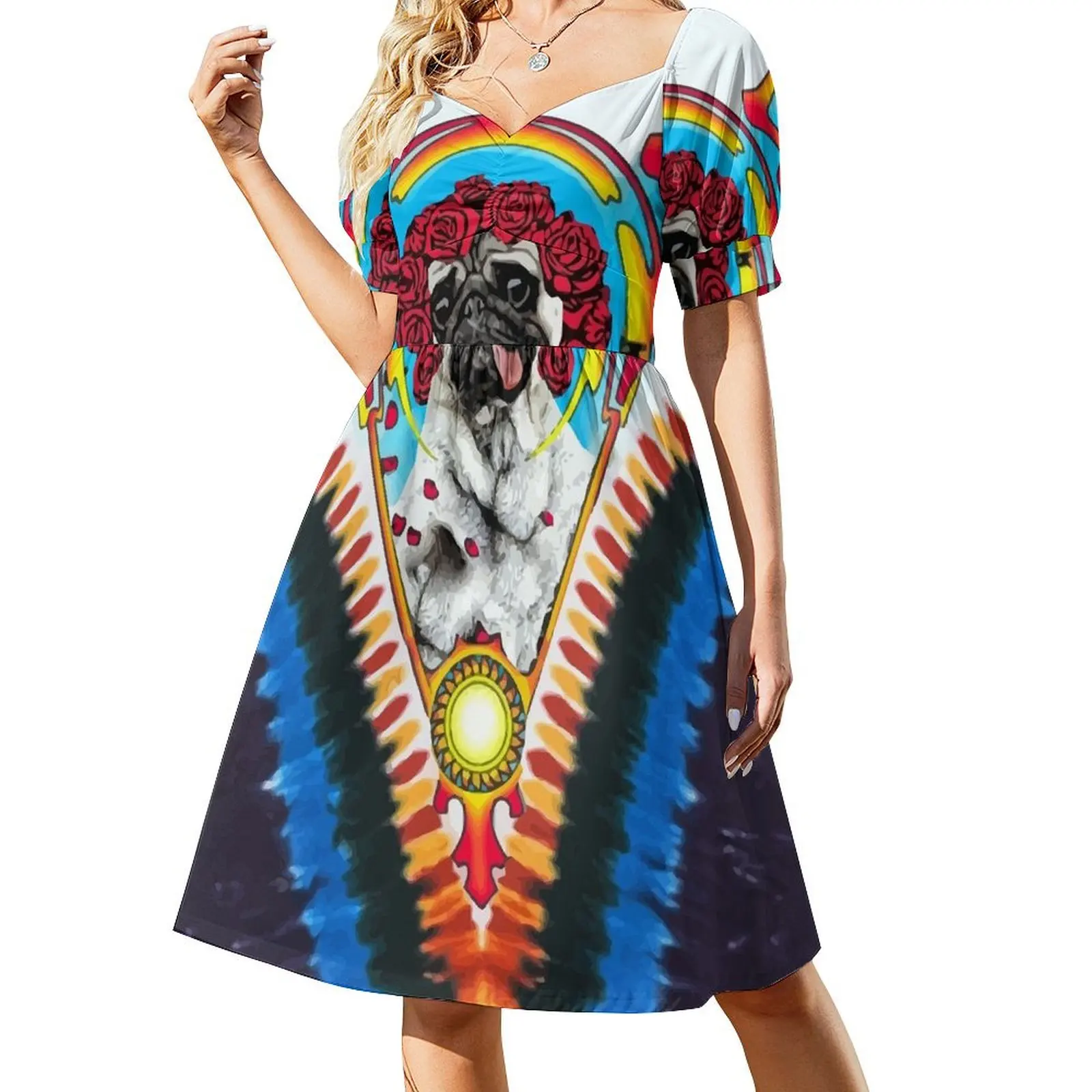 

GRATEFUL PUG TYE DYE Short Sleeved Dress Dresses birthday dress women's luxury party dress