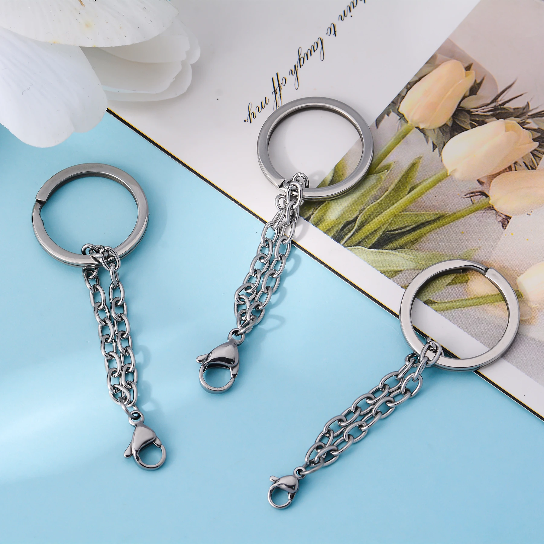 10pcs Key Ring Key Stainless Steel Waterproof 25mm Round Split with Chain Lobster Clasp DIY Key Chains Keyrings Wholesale