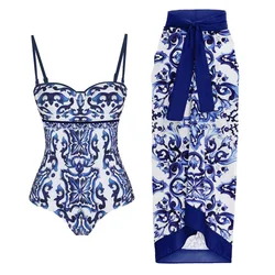 Women Swimwear Blue Suspenders Swimsuit Two-piece set Summer Print Bodysuit Bikini Set Beach Style Wear Maxi Dress Skirt