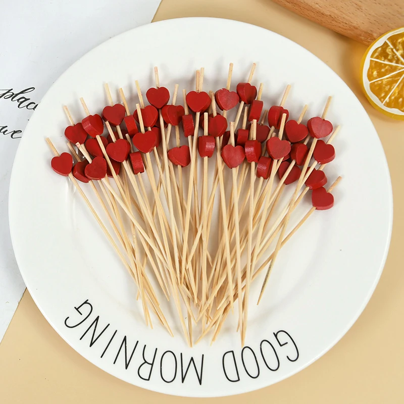 100pcs Heart Flower Bamboo Pick Buffet Pick Buffet Disposable Bamboo Dessert Cake Salad Stick Cocktail Skewer Wedding Decoration