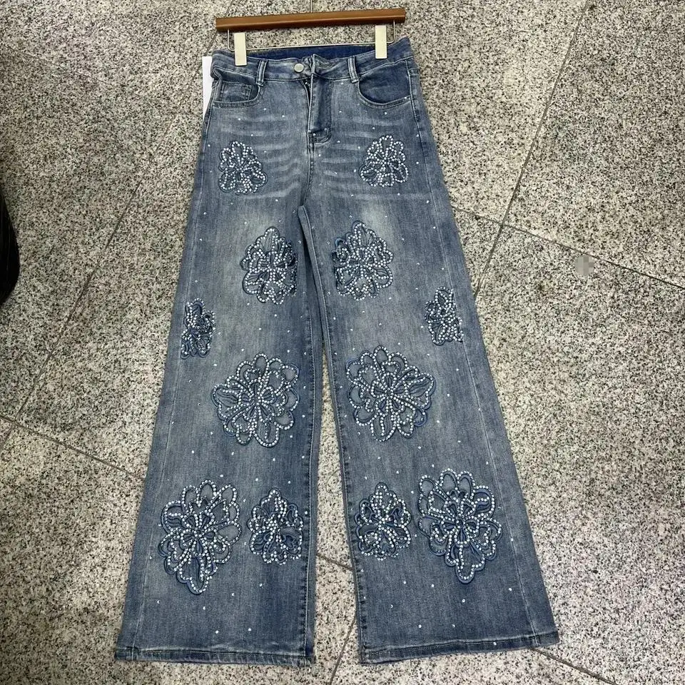 Wide Leg Jeans Women Straight Pants Washed Jeans High Waist Casual Solid Distressed Denim Trousers Ankle Length Diamonds