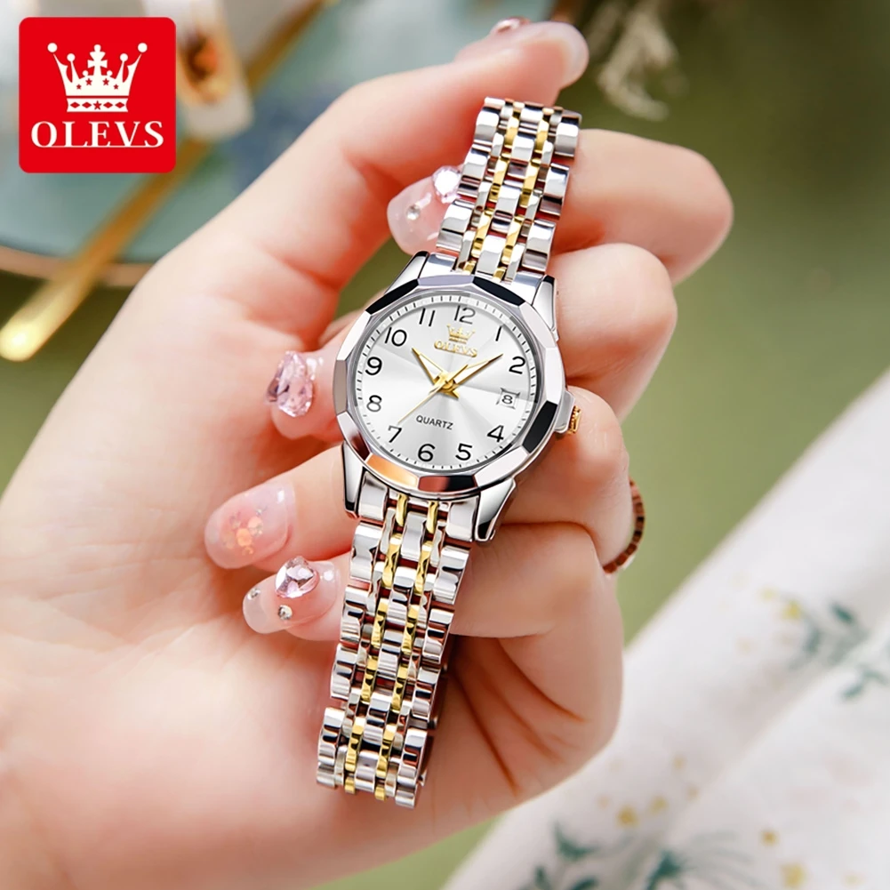 OLEVS 9970 Fashion Quartz Watch for Women Solid Steel Strap Auto Date Hand Clock Rhombus Mirror Luminous Waterproof Watch