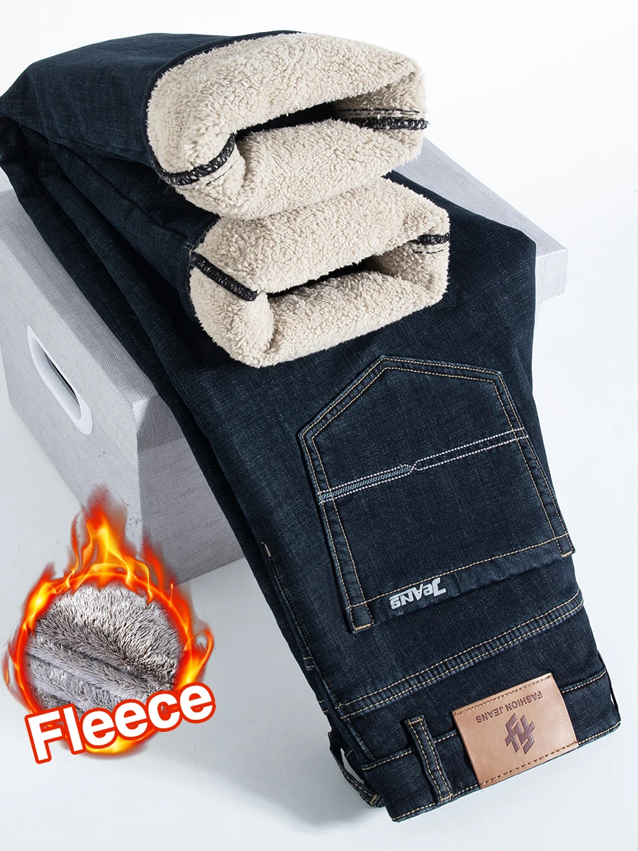 2026 New Men Winter Sherpa Fleece Lined Jeans Straight Fit Thick Warm Denim Pants Male Business Casual Thermal Trousers