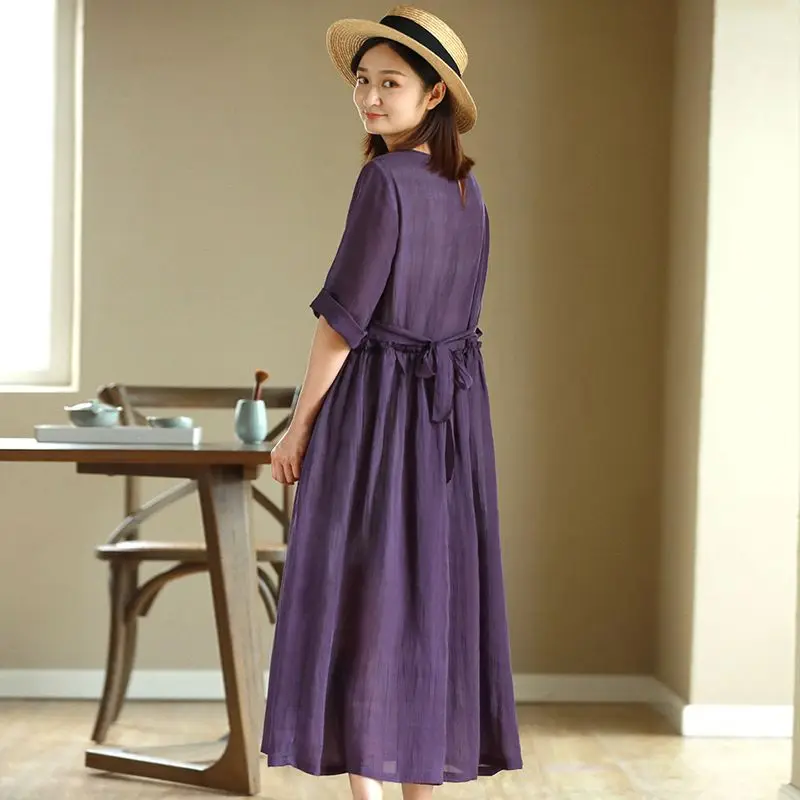 Foreign Trade Tail Goods Big Brand WomenFrench Linen Robe Loose White Mid-sleeve Cotton Linen Dress with Cut Label Dresses