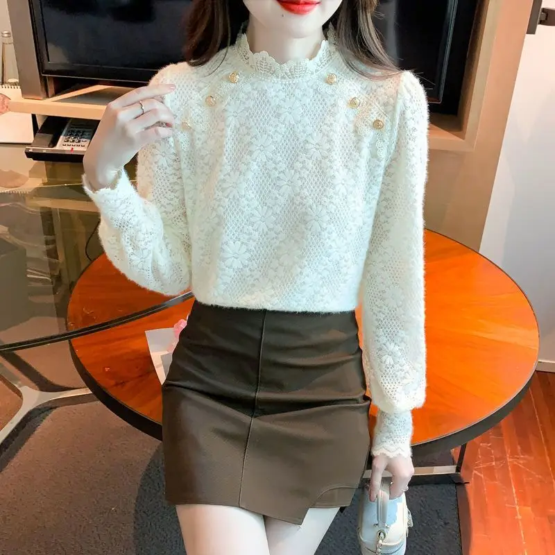 Ladies Elegant Lace Floral Half Height Collar Apricot Color Bottoming Shirt Puff Sleeve Six Gold Buttons Pullover Autumn Winter