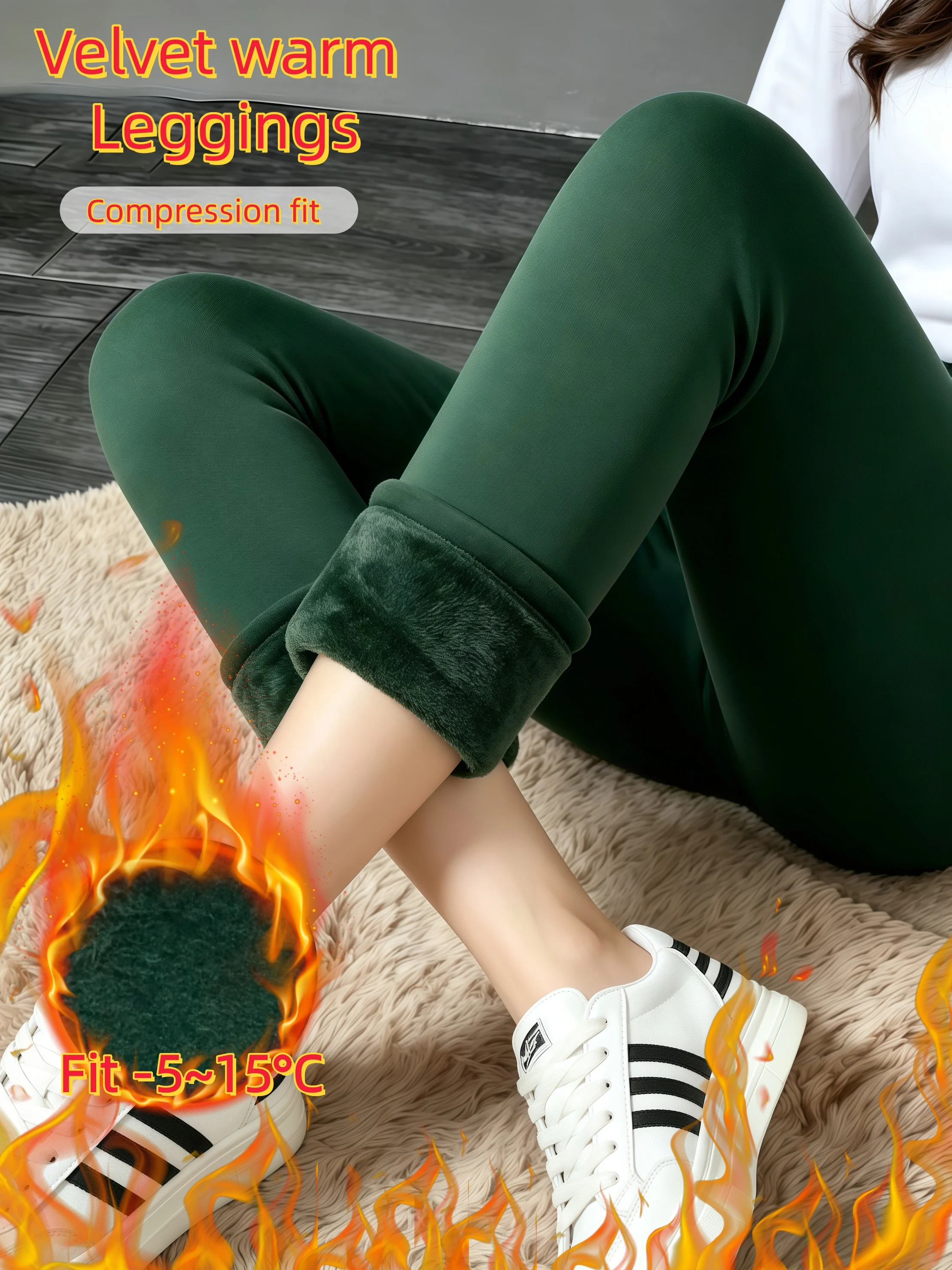 1er-Pack Dunkelgrüne Thermo-Leggings aus Perlfleece, Weiche Dehnbare Kälteresistente Hosen für Winterausflüge und Loungewear – Detail 1
