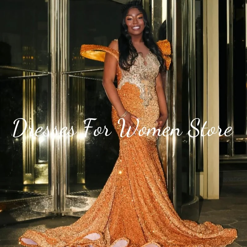 Luxury Crystals Orange Prom Dresses Women Glitter Sequin Party Gowns For Black Girl Mermaid Long Birthday Dress Customized 2025