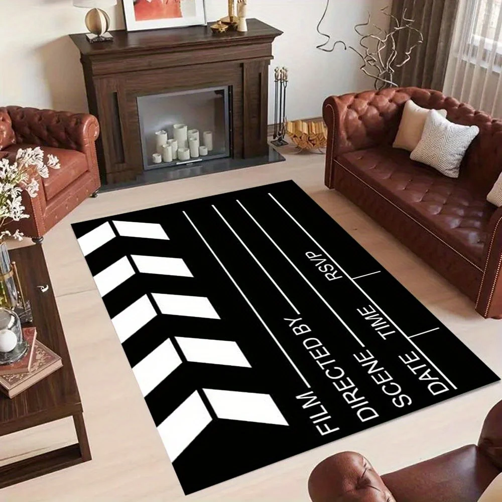 2D Flat Movie Clapperboard Black White Film Director Flannel Area Rug Non Slip Cinema Theme Carpet For Living Room Home Theater