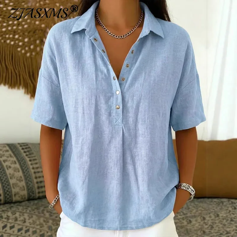 

Comfy Casual Loose Simple Top T-shirt New Spring Turn-down Collar Button Woman Blouse Summer Short Sleeve Loose Streetwear Shirt