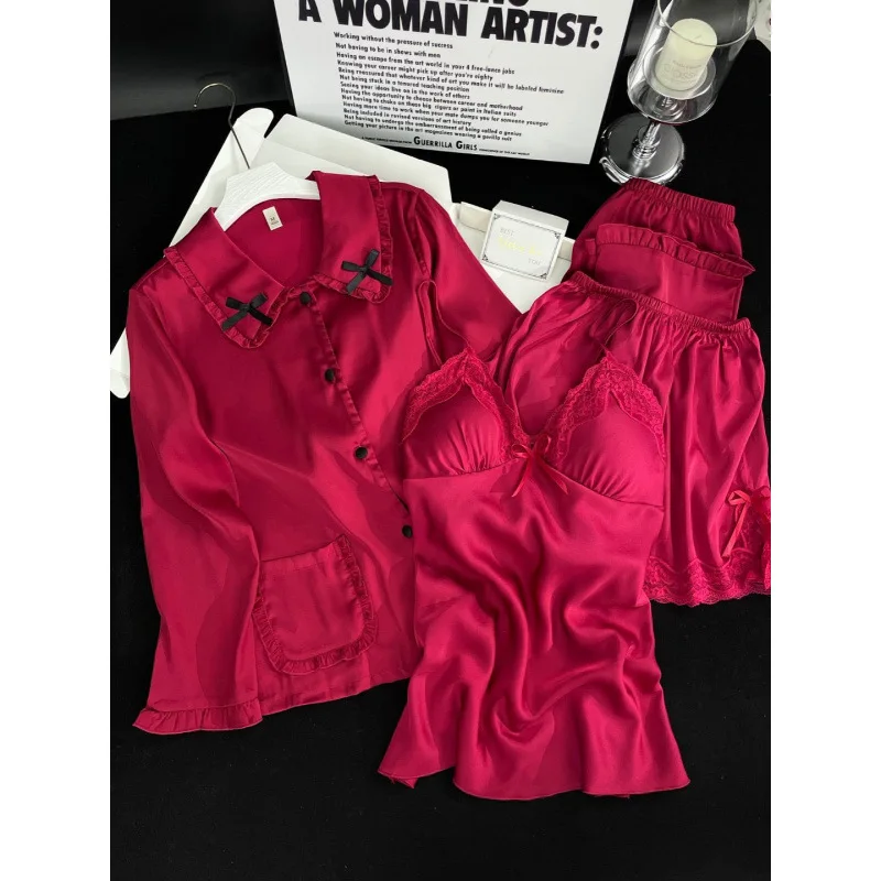 Doll Collar Shirt Sling Shorts Pants Sleepwear Female 4PCS Pajamas Set Satin Nightwear Rayon Home Wear Nighty Robe Suit