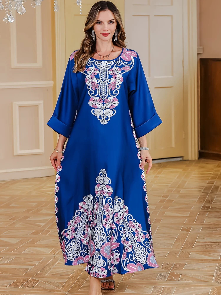 Eid Long Robe Muslim Women Party Pearl Jalabiya Dresses Print Ramadan Abayas Kaftan Islam Vestidos Arab Morocco Dubai Abaya Gown