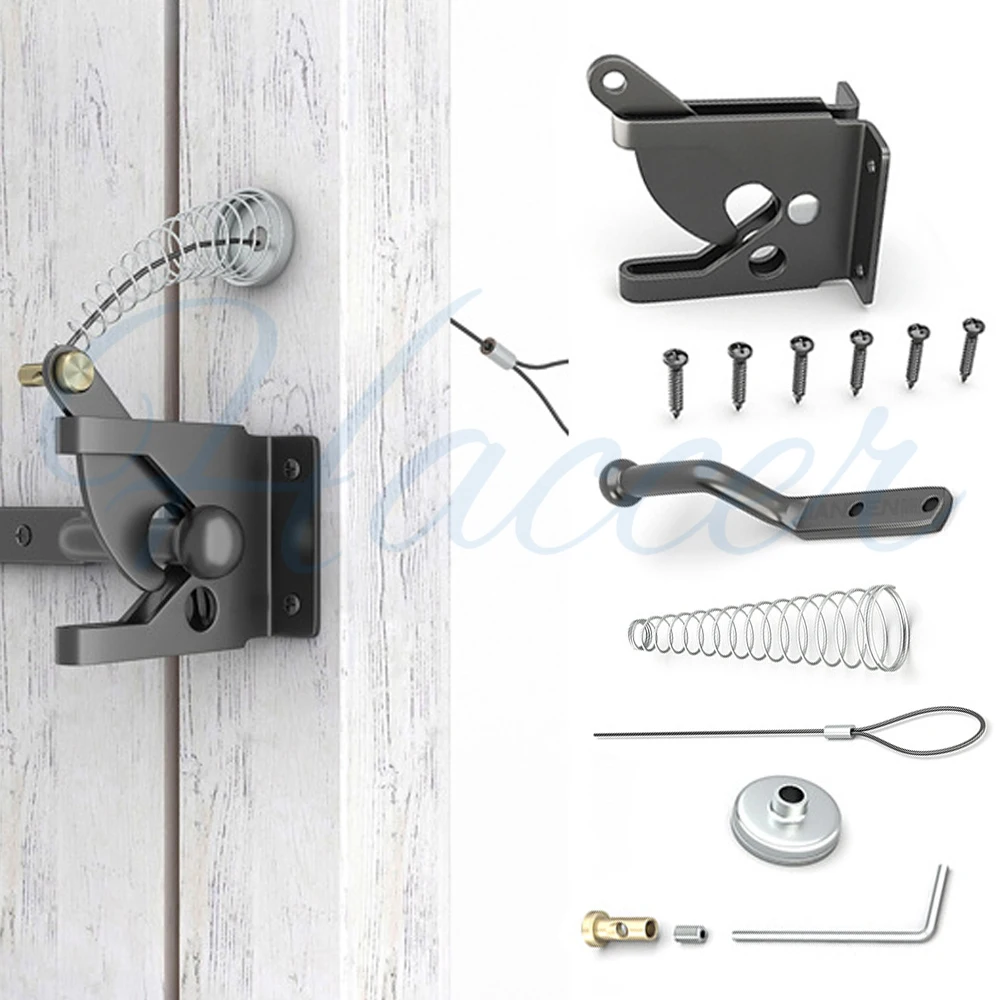 

Self Closing Fence Gate Latches with Spring Cable Heavy Duty Automatic Gravity Lever Door Latches Hardware Gate Lock