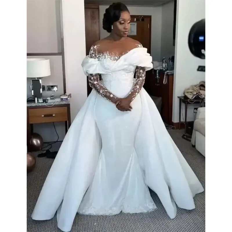 Customized Beaded Lace 2 In 1 Long Sleeves Plus Size Africa Mariages Bridal Gown White Mermaid Wedding Dresses With Detachable T