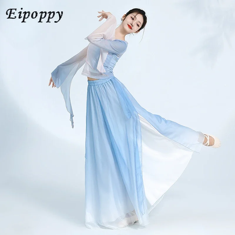 Classical dance costume, women's elegant gradient color body charm gauze dress