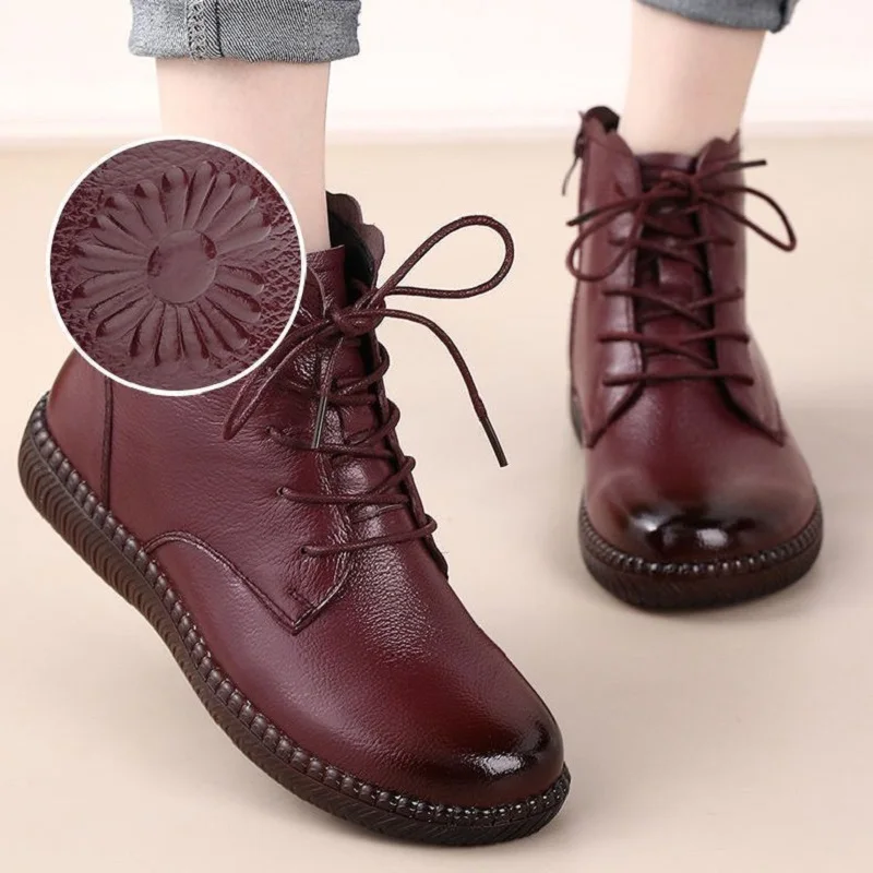 Simple Lace Up Ankle Boots Women\'s Spring Autumn Oxford Shoes Flat Leather Shoes Ladies Short Plush Boots Zipper Black Booties