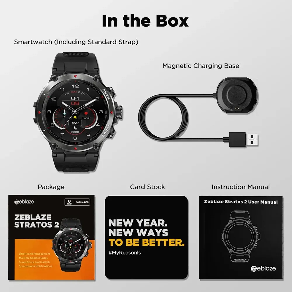 Zeblaze-Stratos 2 Smartwatch Masculino, GPS, Display AMOLED, Monitor de Saúde 24h, Bateria de Longa Duração