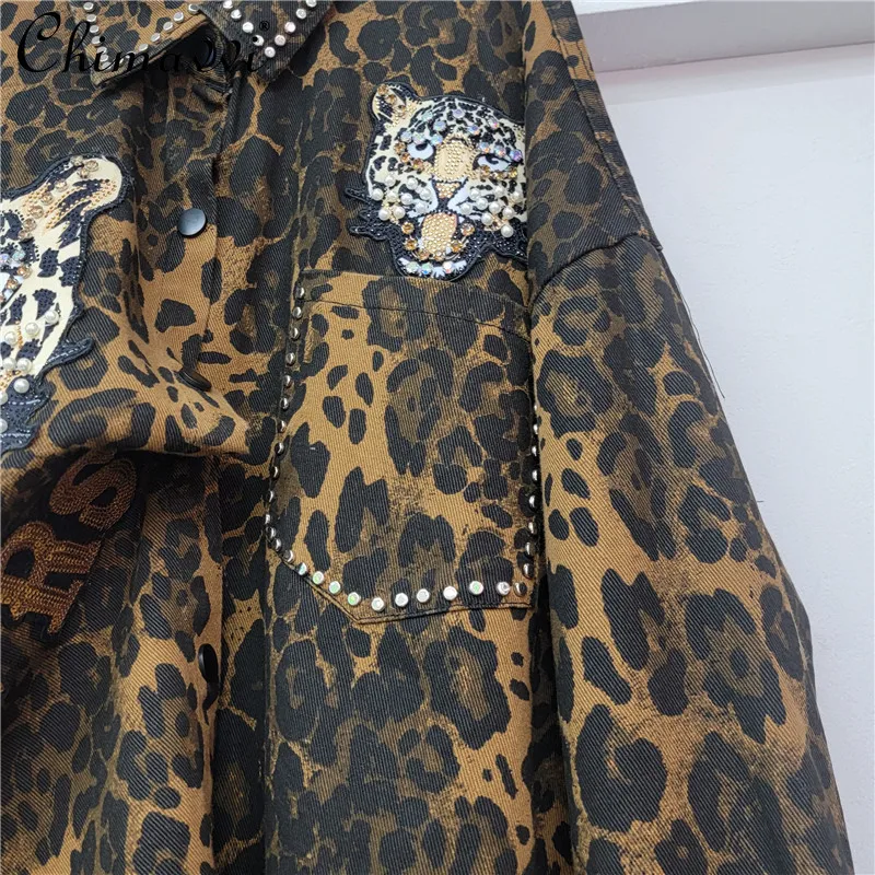 2025 Autumn New Heavy Leopard Print Beaded Retro Loose Shirt Fashion Long-sleeved Shirt Casual Versatile Streetwear Shirt Jacket